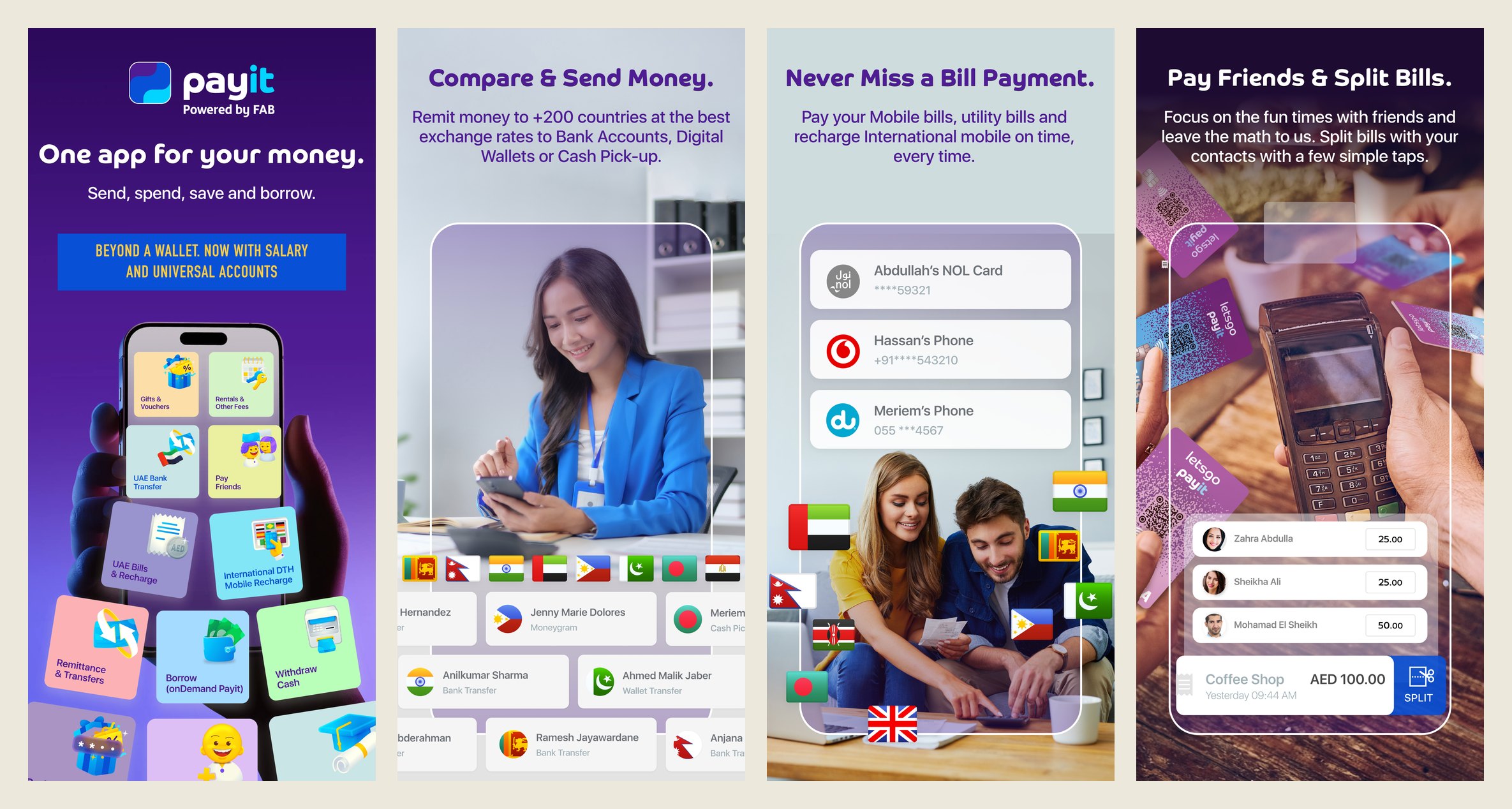Payit app screens: remittance, bill payment and splitting bills