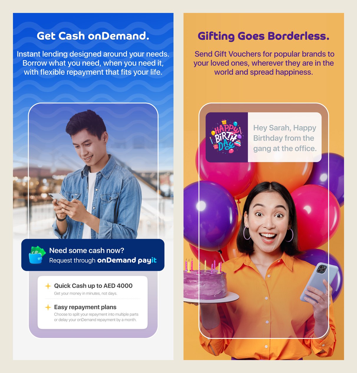Payit app screens: lending and gifting